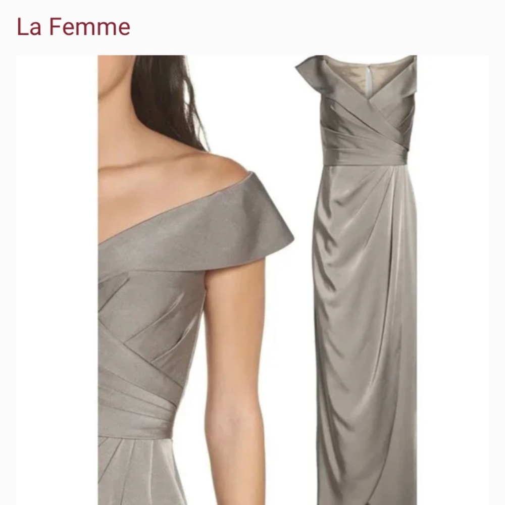 La Femme Off The Shoulder Ruched Jersey Column Gown Pewter Size 16